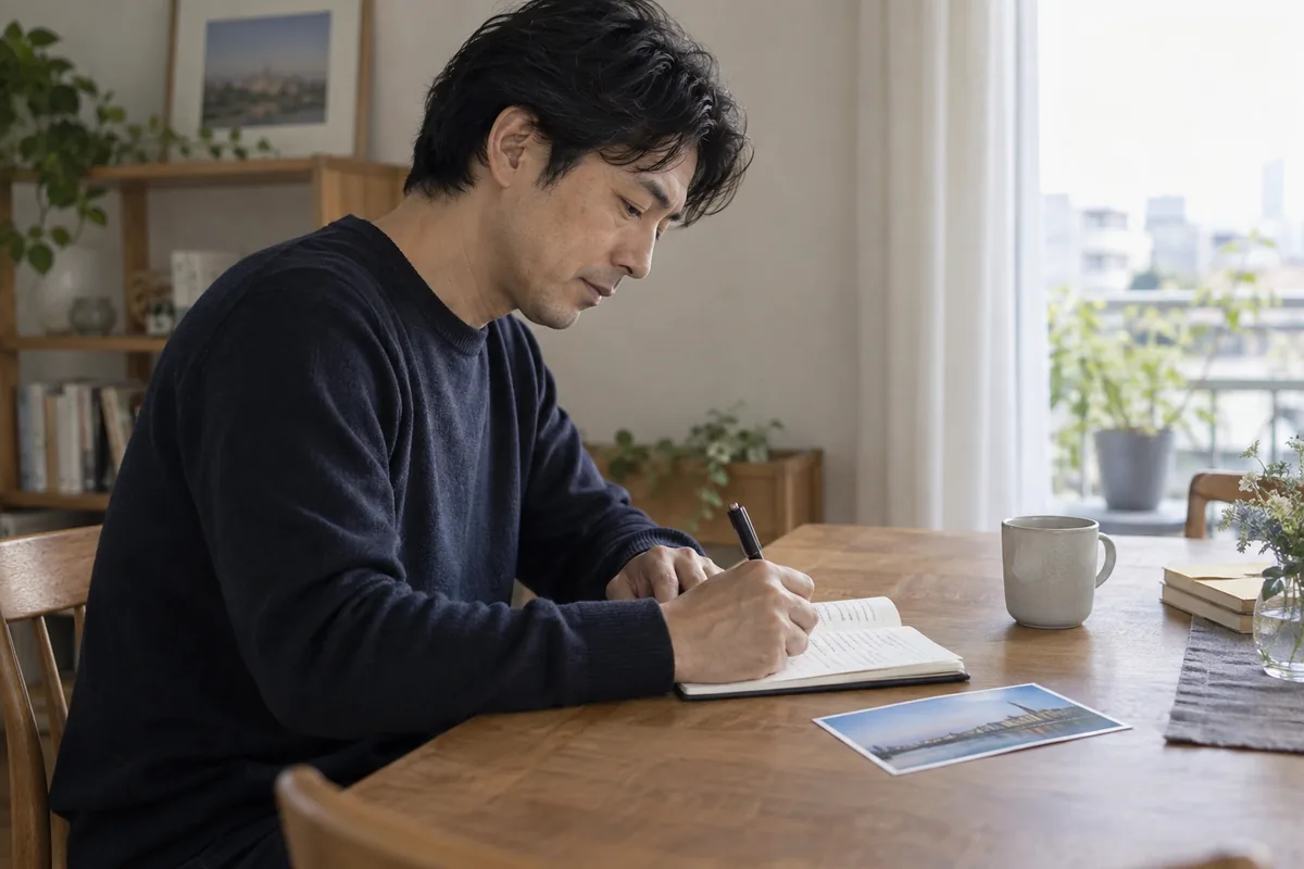 ノートに再会で望むことを書き出す男性