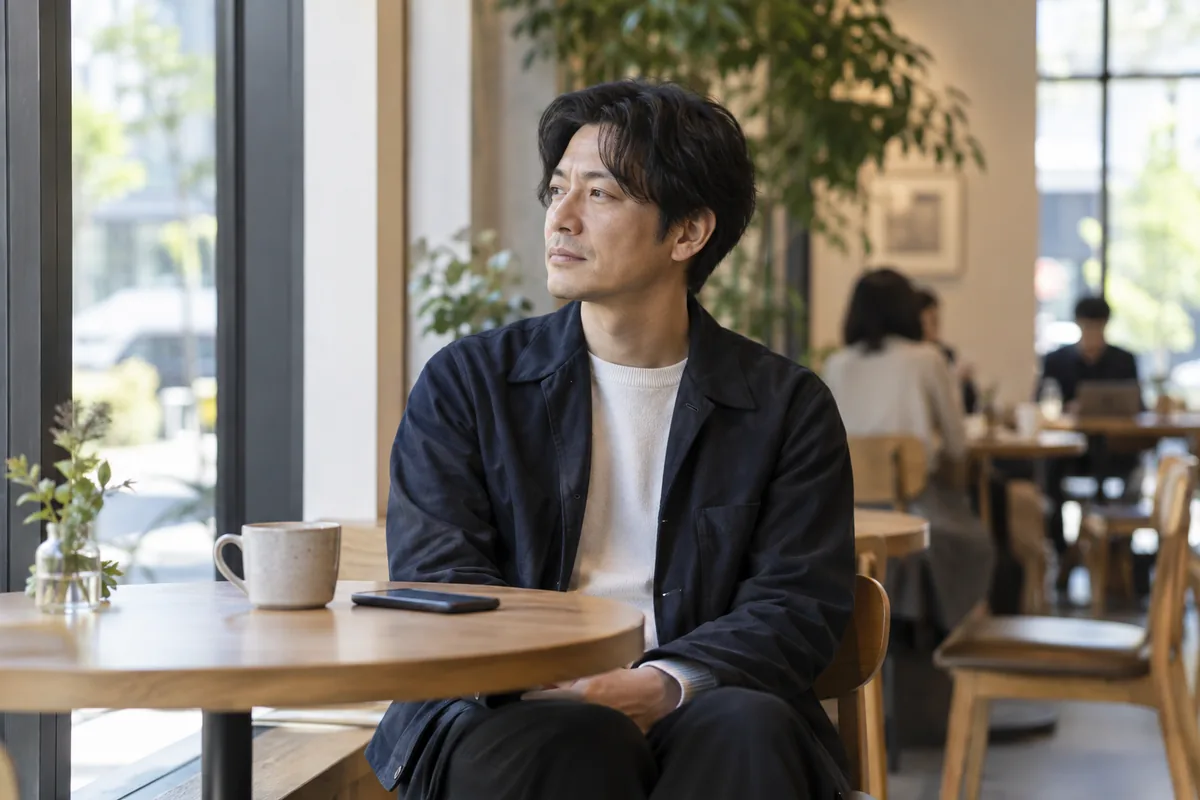 カフェでスマートフォンを置き返事を考える男性