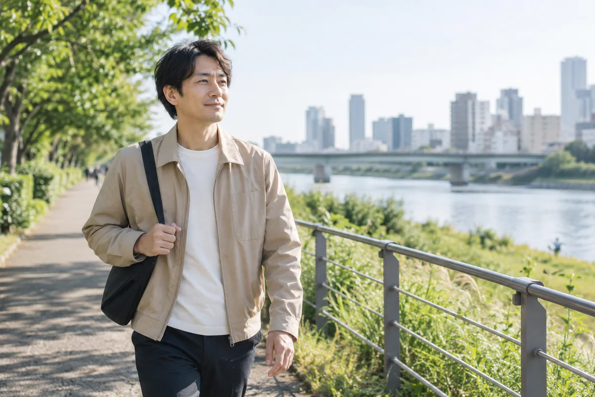 自分の予定に向かって明るい道を歩く男性