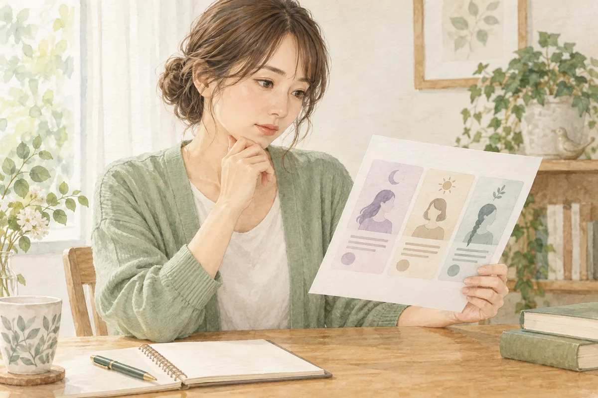 口コミの内容を読み自分の相談に合うか考える女性のイメージ