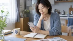 相談情報を読みながら電話相談を検討する女性