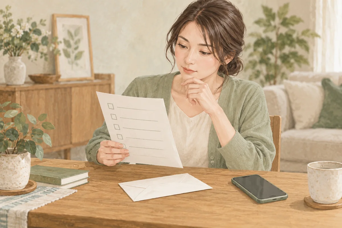 紙のチェック項目と封筒で利用条件を確認する女性