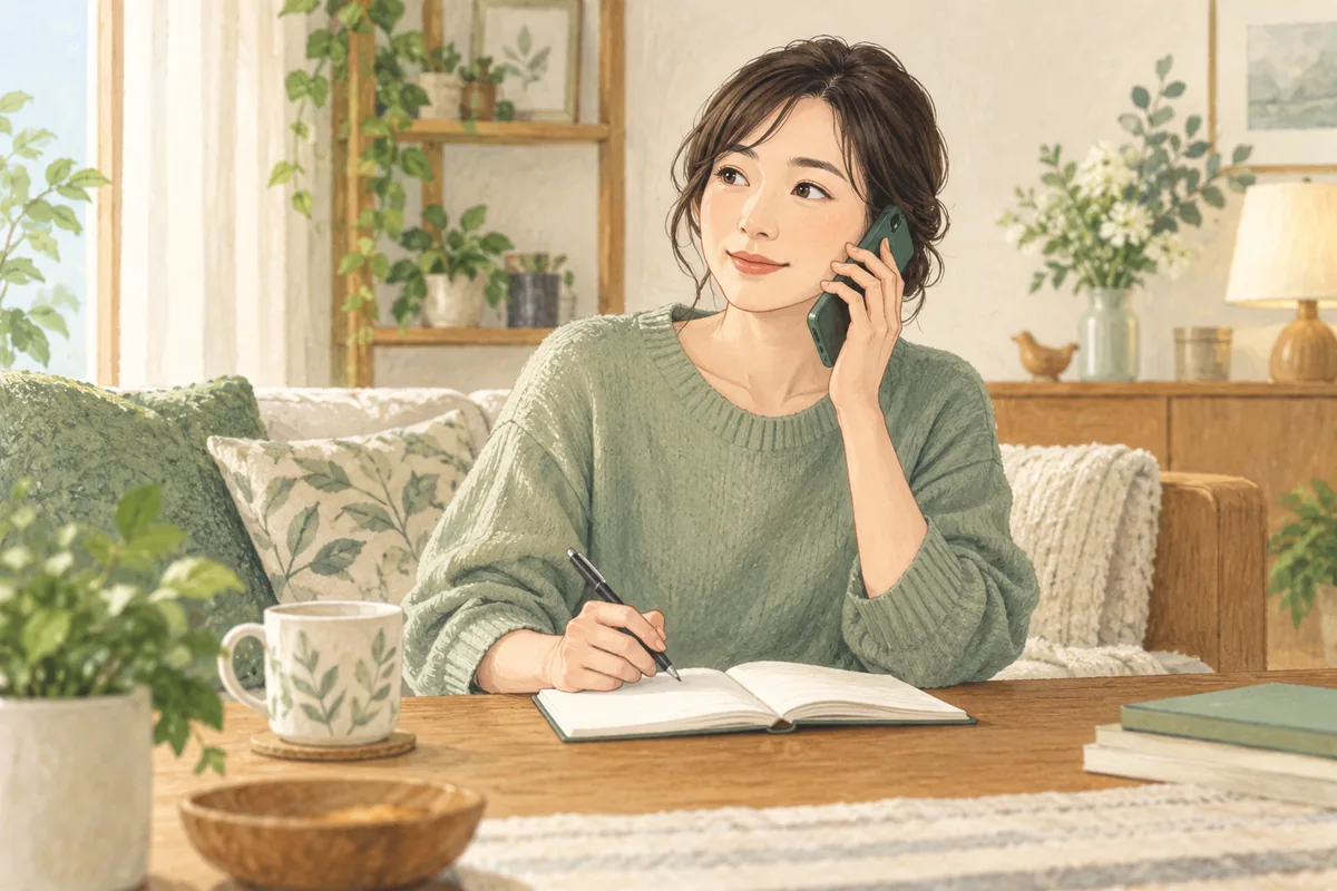 ノートを用意して自宅で電話相談をする女性
