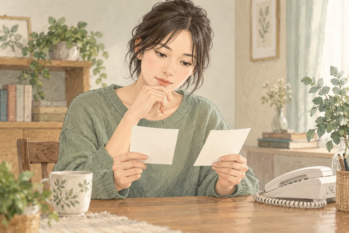 二つのメモを見比べて相談の感想を吟味する女性
