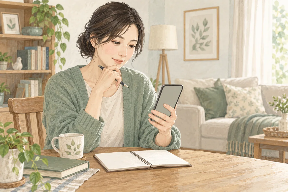 ノートを用意して電話をかける前にスマートフォンを確認する女性