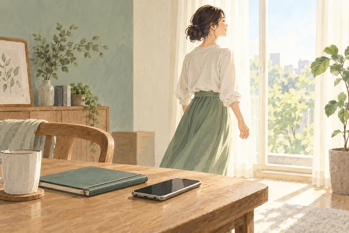 電話とノートを置いて自分の次の行動へ向かう女性