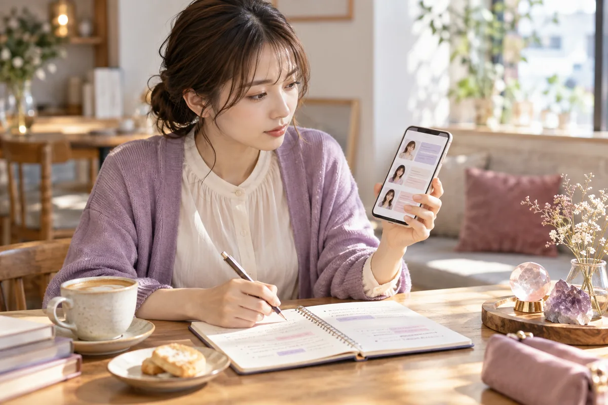 奏先生に関する口コミを比較してメモする女性