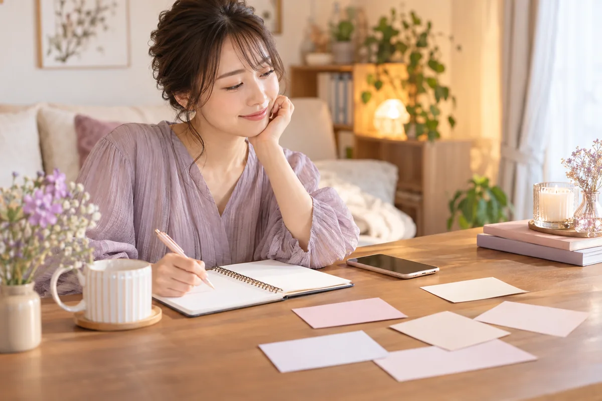 電話相談後に口コミと自分のメモを確認する女性