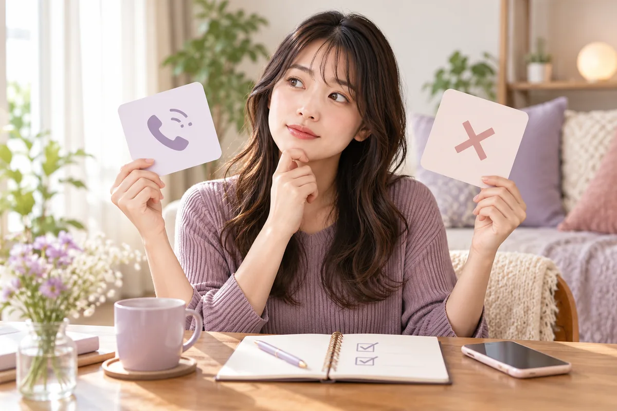 電話相談を利用するか落ち着いて比較する女性