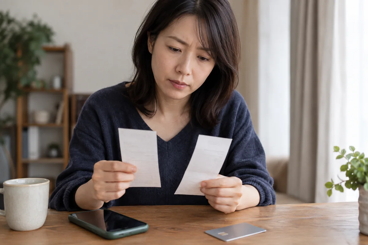 複数の決済記録とカードの明細を見比べる女性