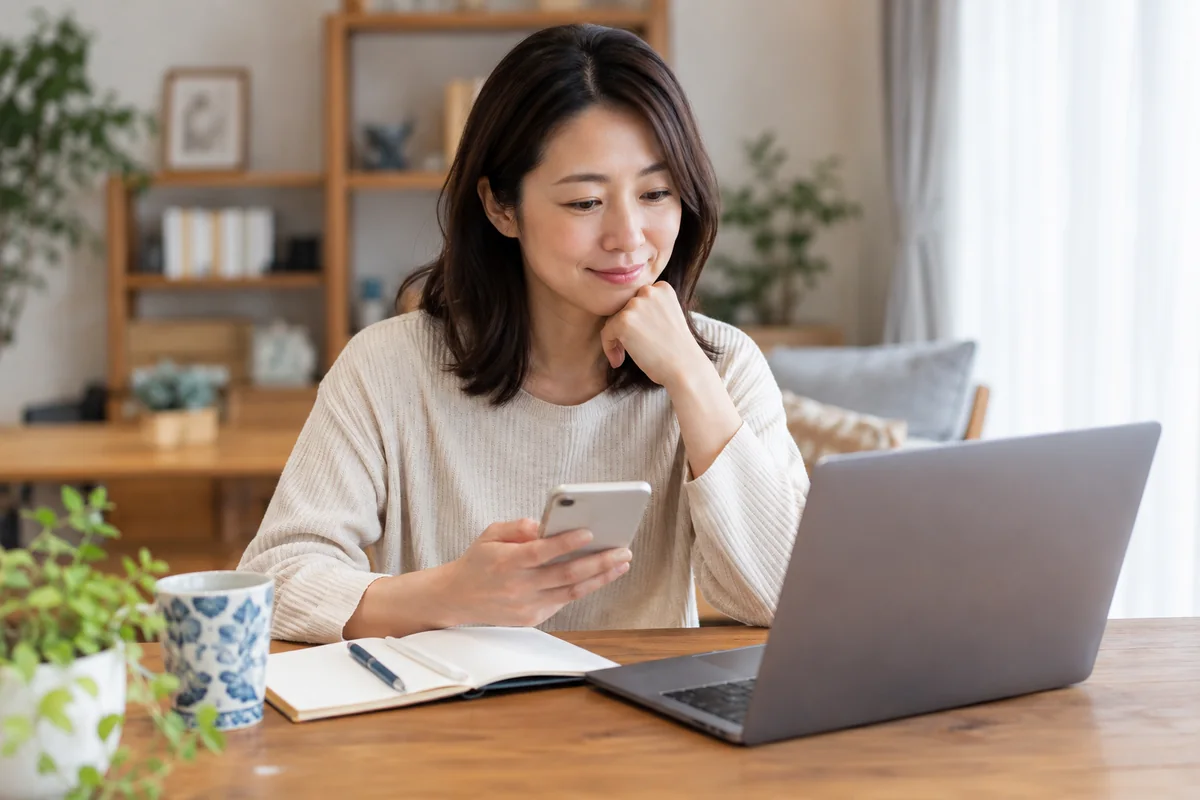 利用後の料金メールと決済状況を確認する女性