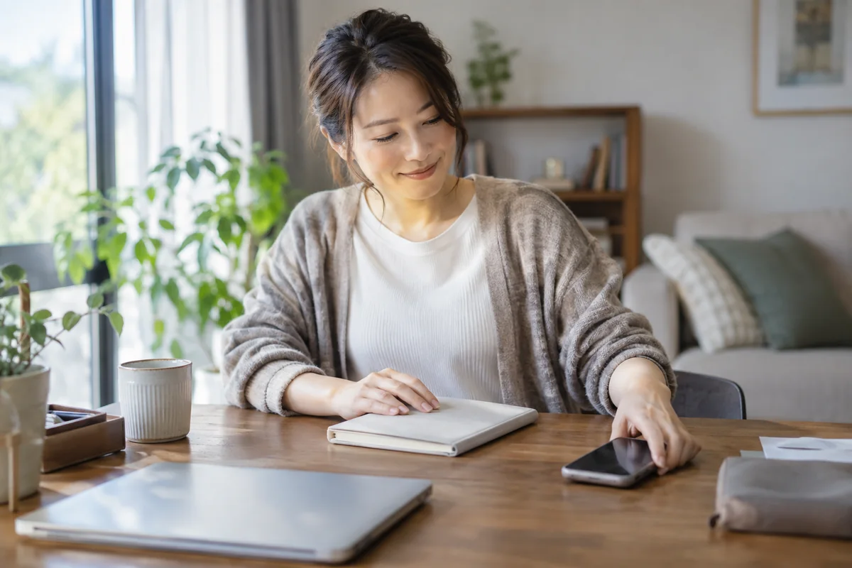 支払方法と期限を整理してノートを閉じる女性