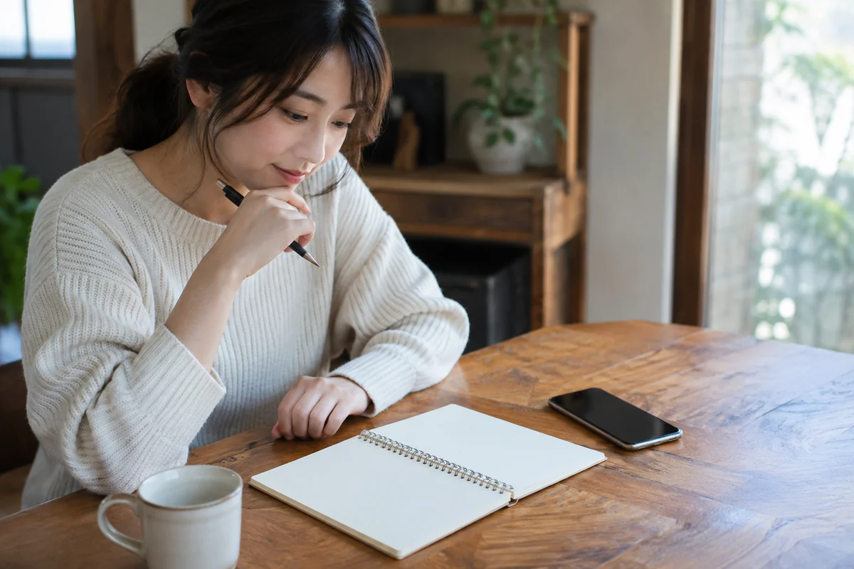 ノートとスマートフォンで相談の準備をする手元のイメージ