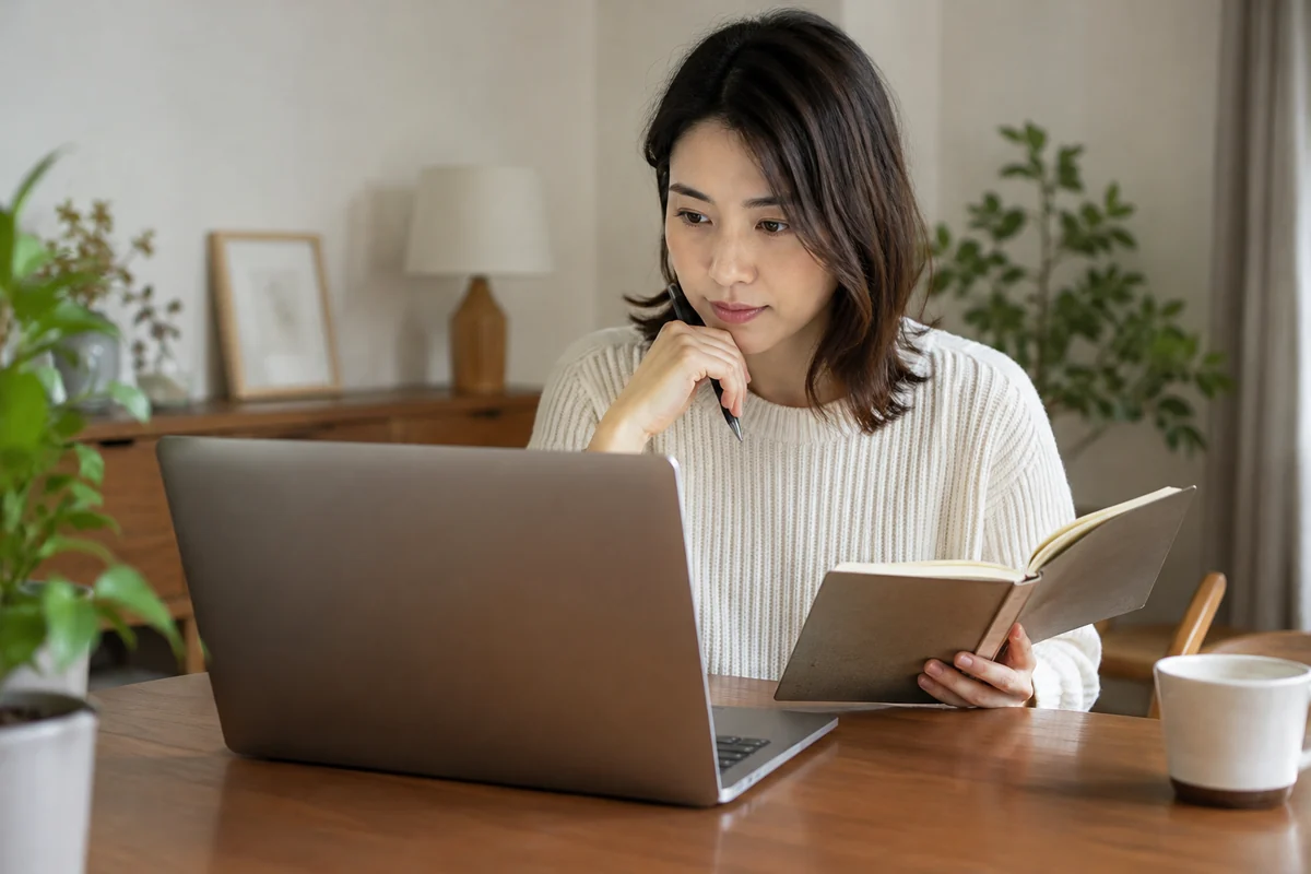 口コミを読みながら相談の目的をノートで比較する女性のイメージ