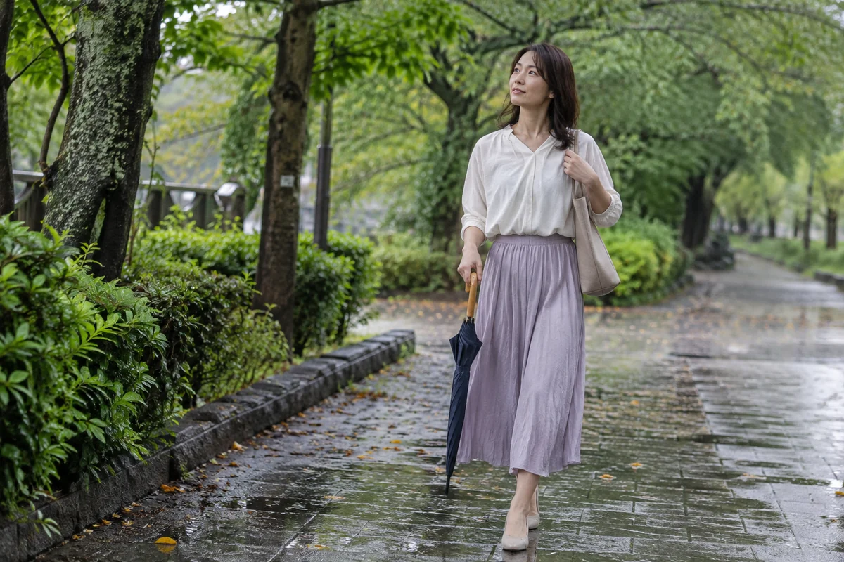 雨上がりの道を閉じた傘とともに歩く女性のイメージ