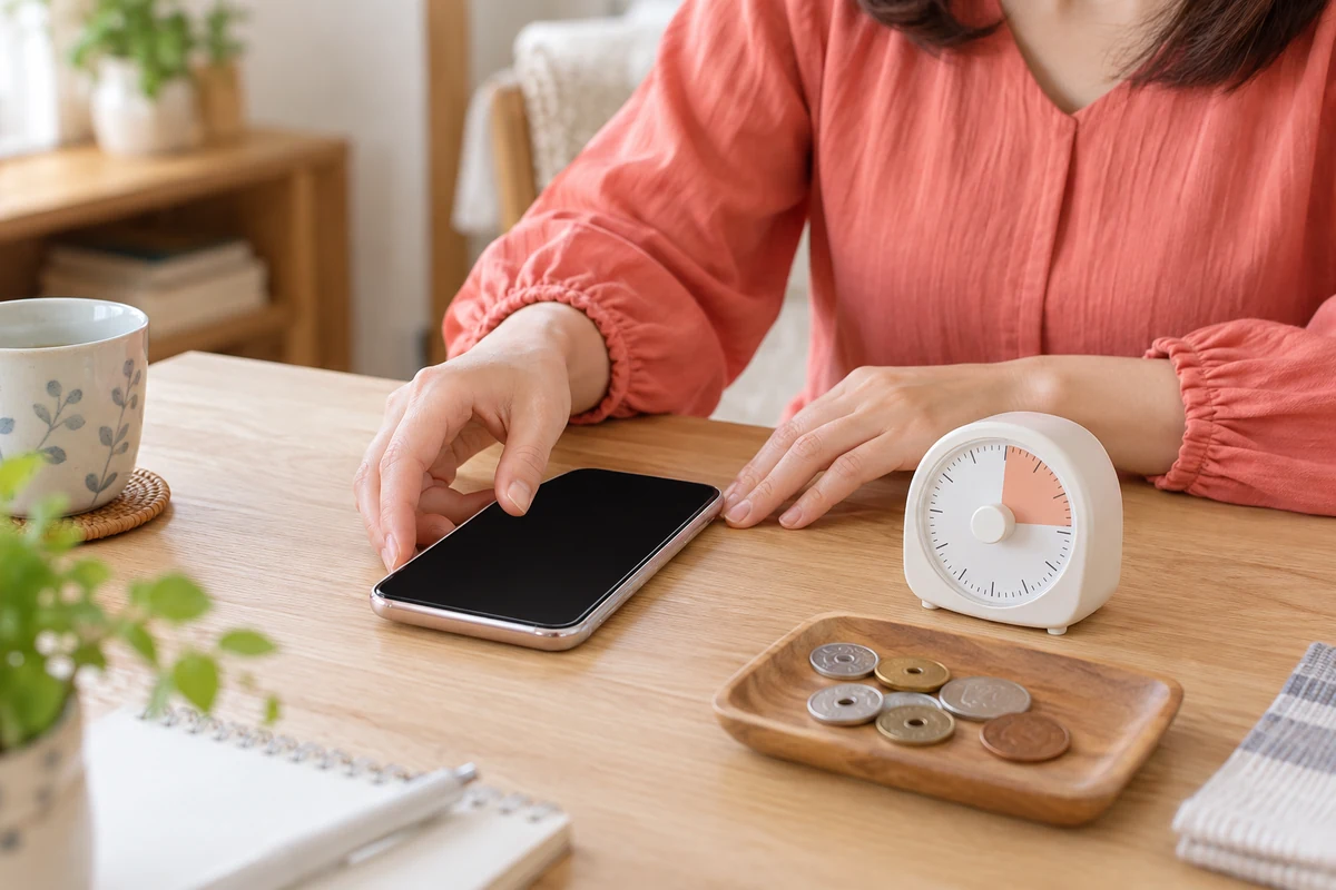 スマートフォンとタイマーで電話相談の予算を決める手元のイメージ