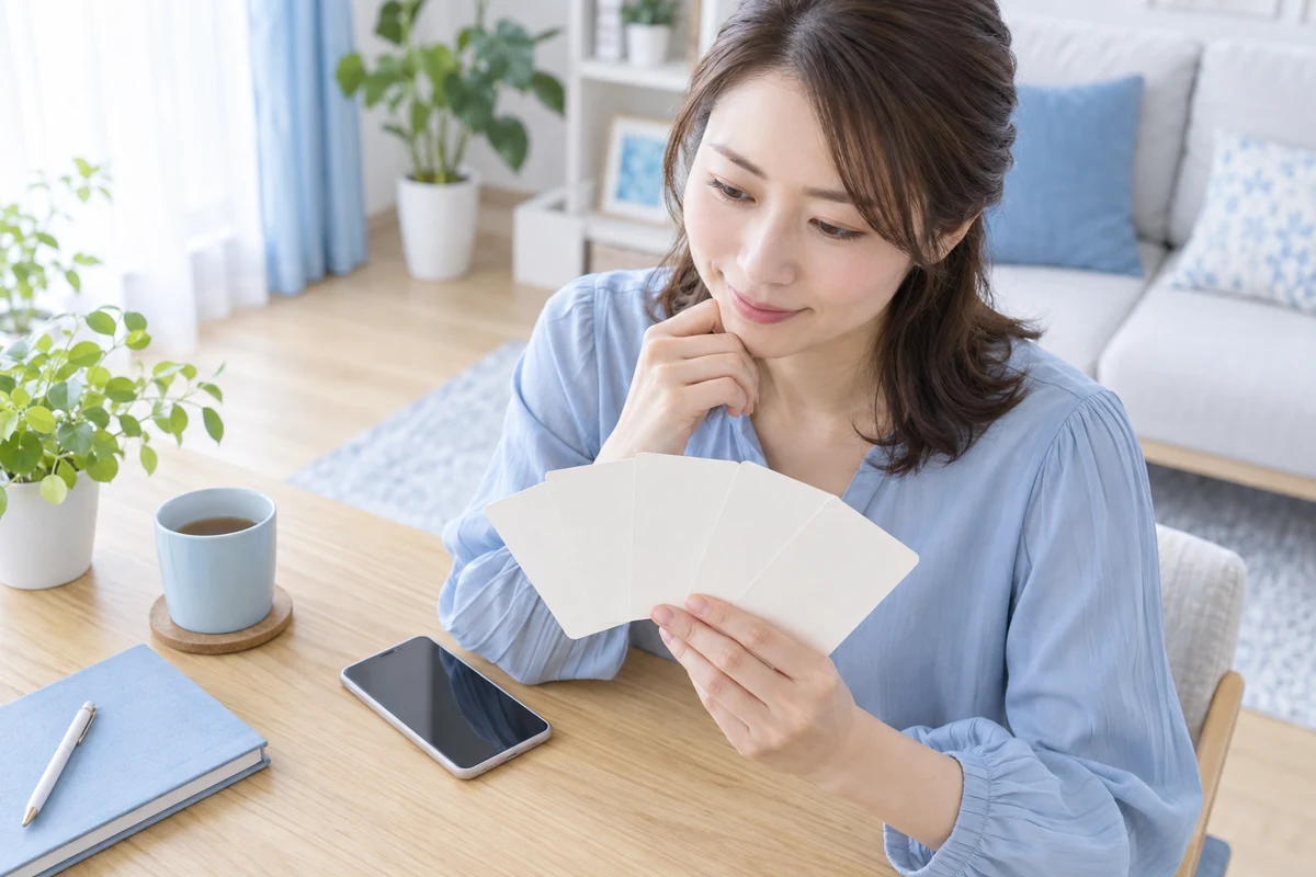電話相談前の疑問を五枚のカードで整理する女性のイメージ