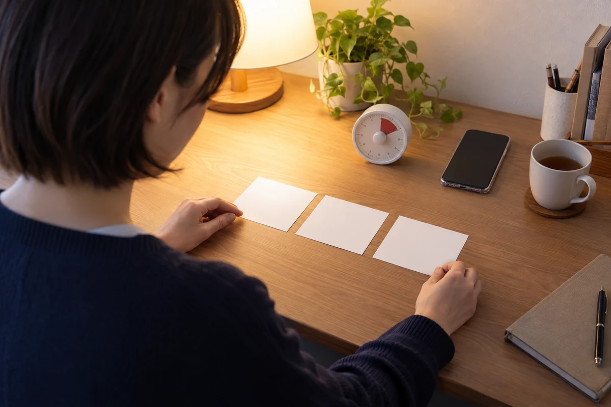事実と質問と終了時刻を三枚のカードに整理する女性のイメージ