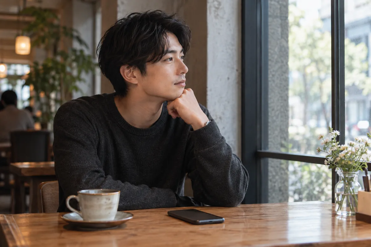 カフェで携帯電話を伏せて相手が考える時間を待つ男性のイメージ