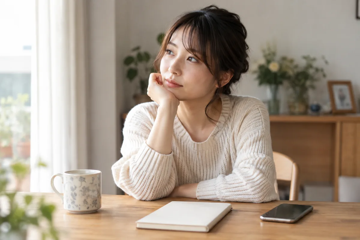 自宅の机で伝え方を静かに考える女性のイメージ