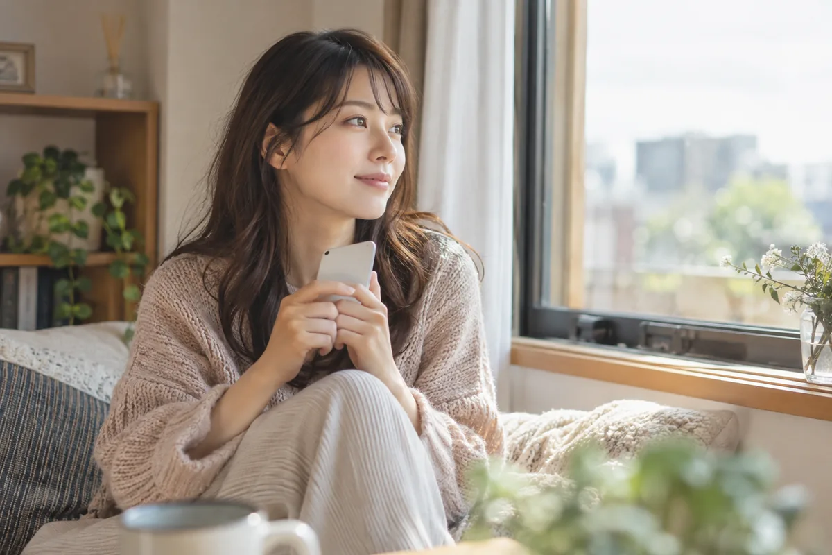 窓辺で携帯電話を手に気持ちを伝える前に考える女性のイメージ