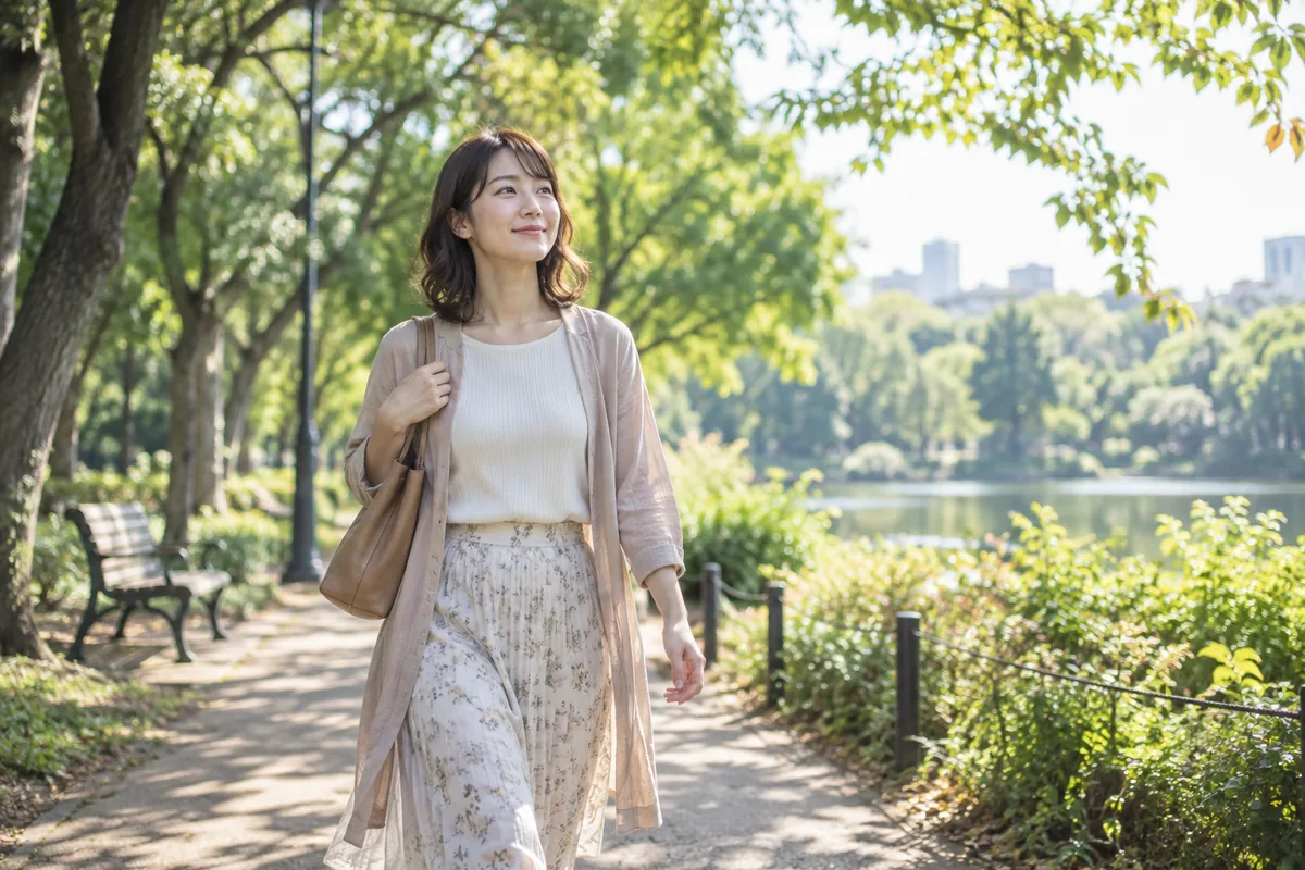 携帯電話をしまい公園を自分のペースで歩く女性のイメージ