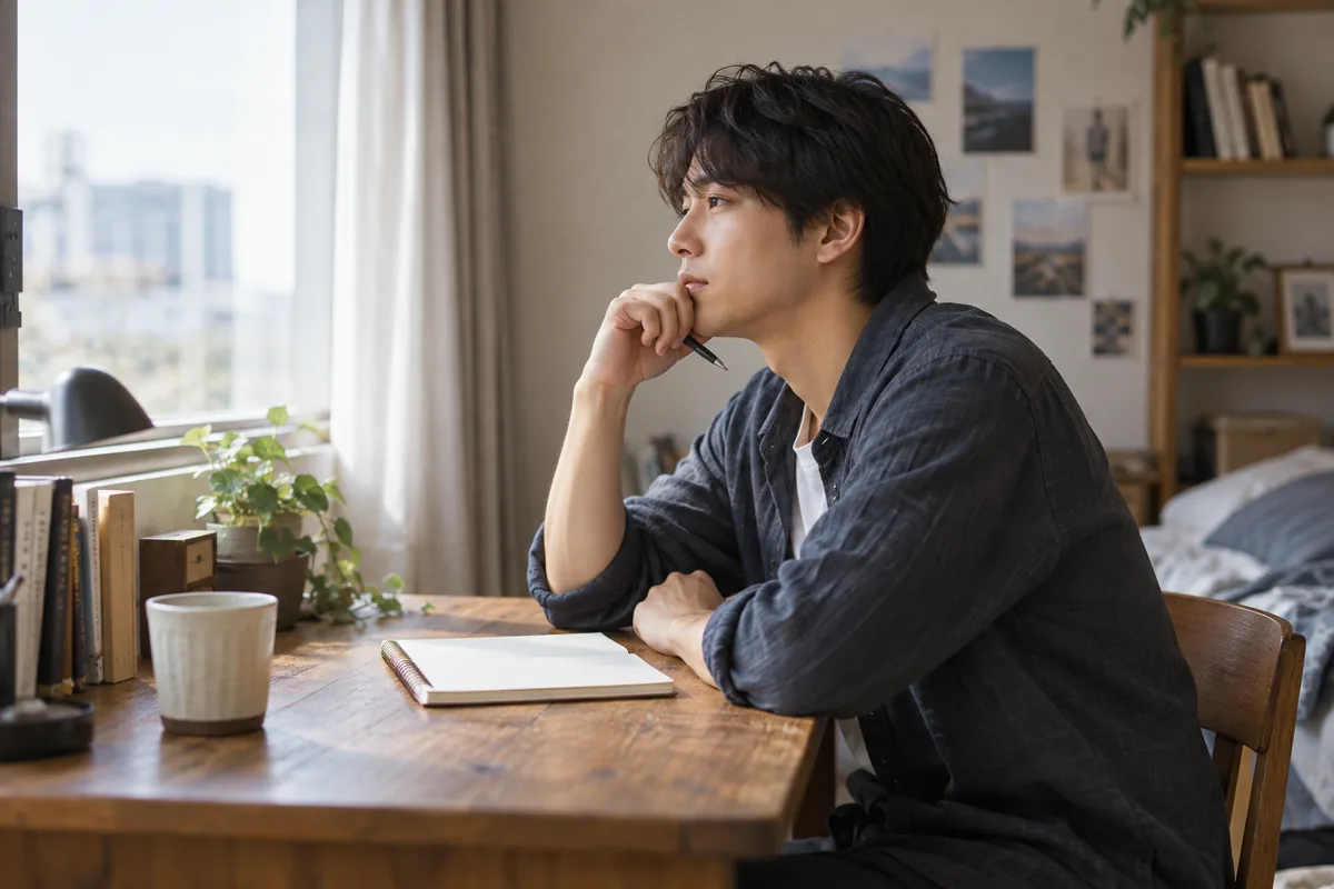 机でノートを前に望む関係を考える男性のイメージ