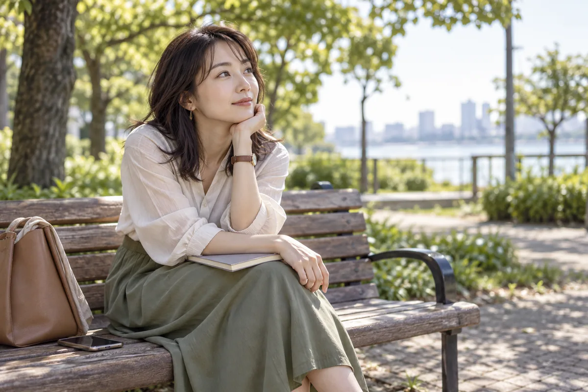 公園で自分の予定と望む関係を落ち着いて考える女性