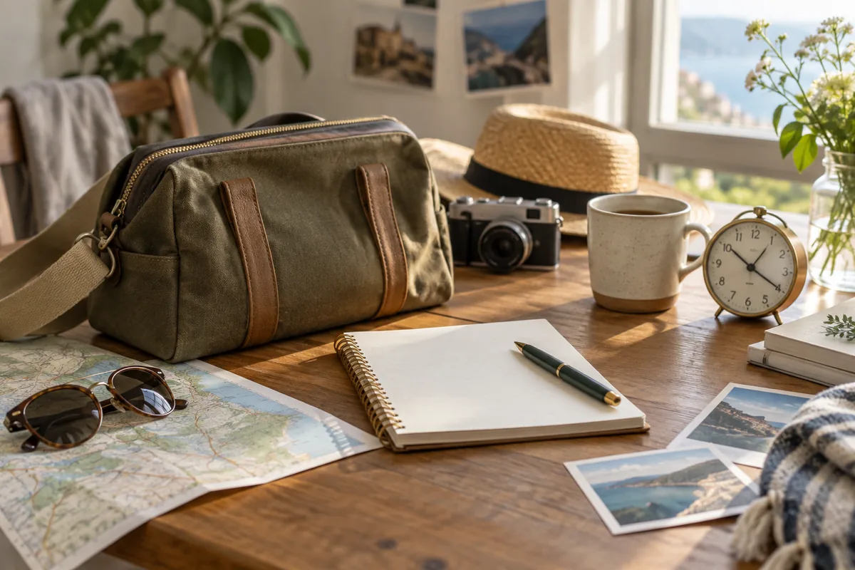 旅行用バッグとノートを並べた予定を整理する机