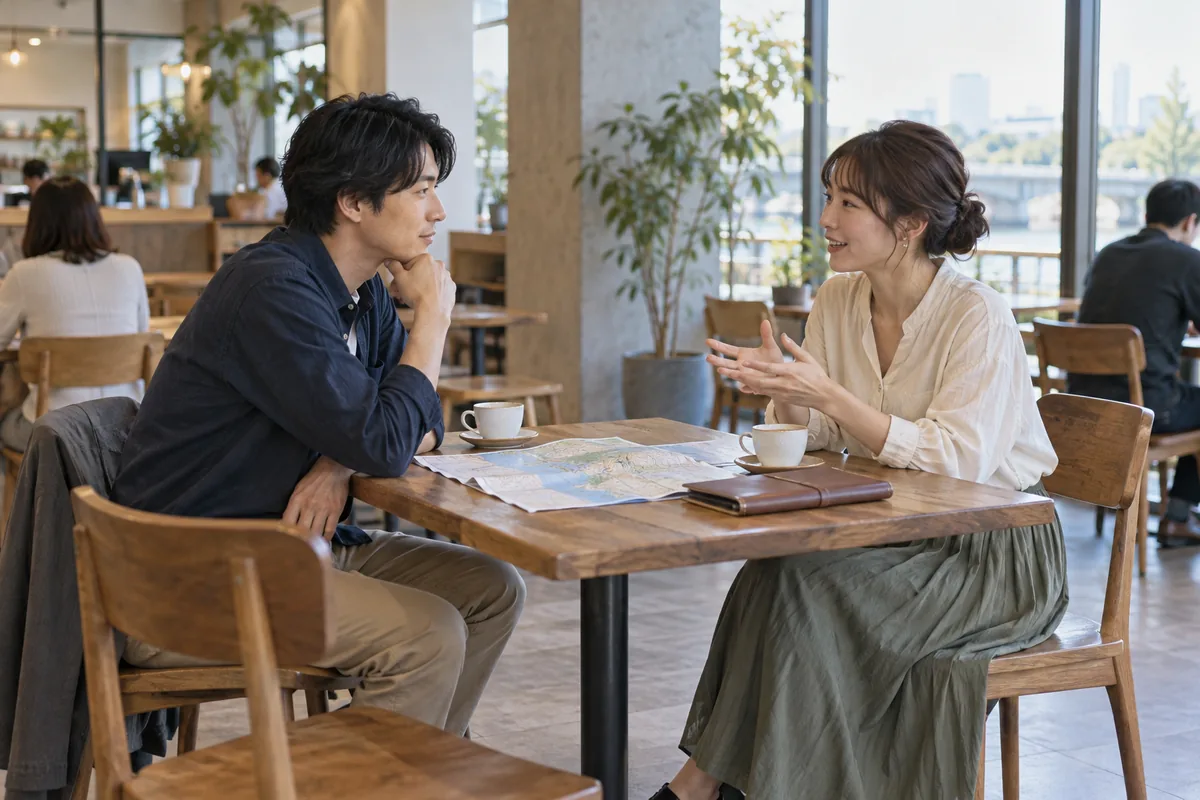 昼間のカフェで移動の予定と負担を相談する二人