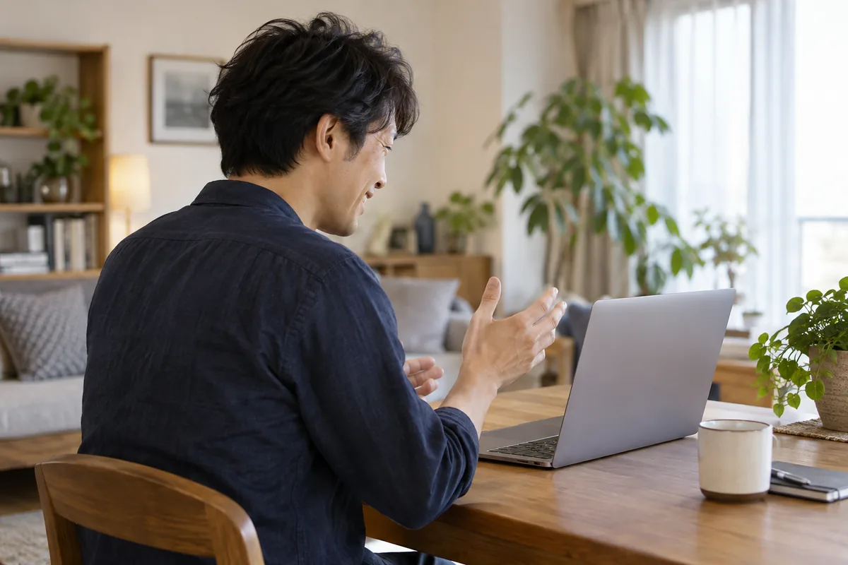 自宅で離れた相手とのオンライン会話を楽しむ男性