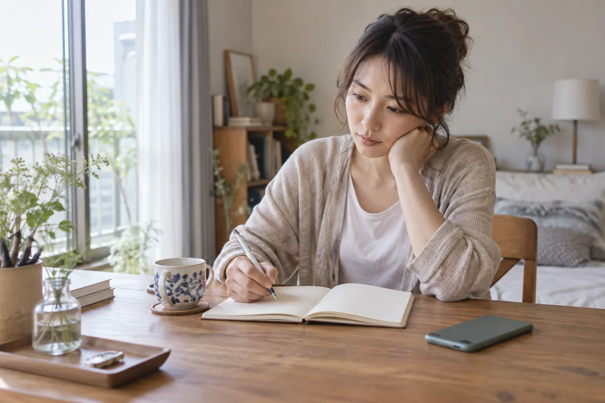 ノートを前に遠距離の相手との今の関係を考える女性