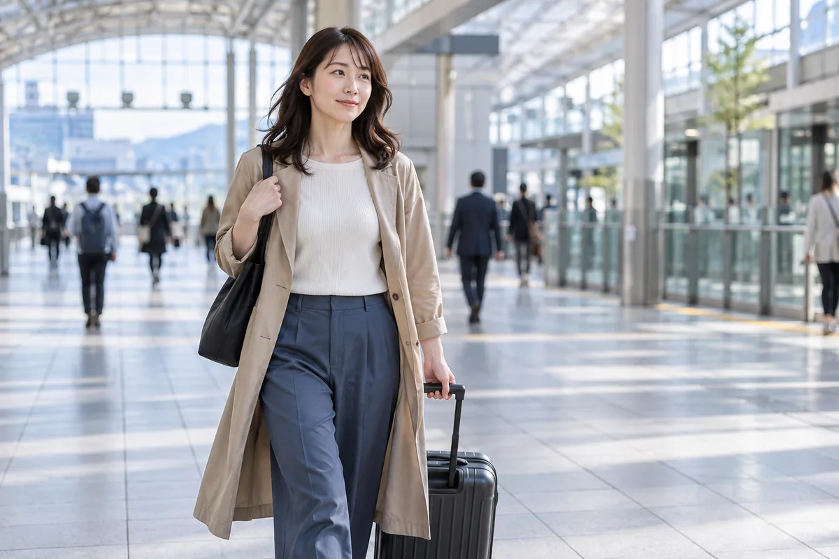 小さなバッグを持ち公共の駅の通路を自分のペースで歩く女性