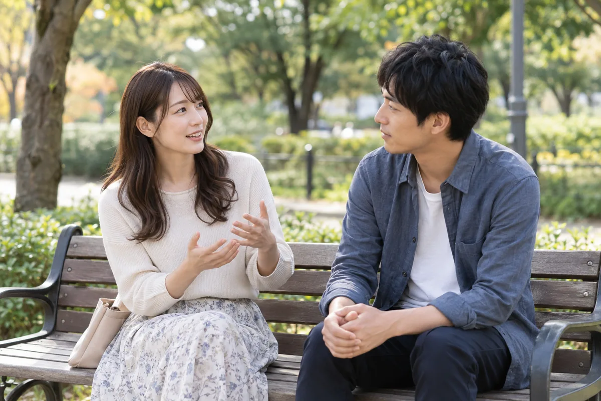 相手の話を聞きながら並んで座る大人の男女