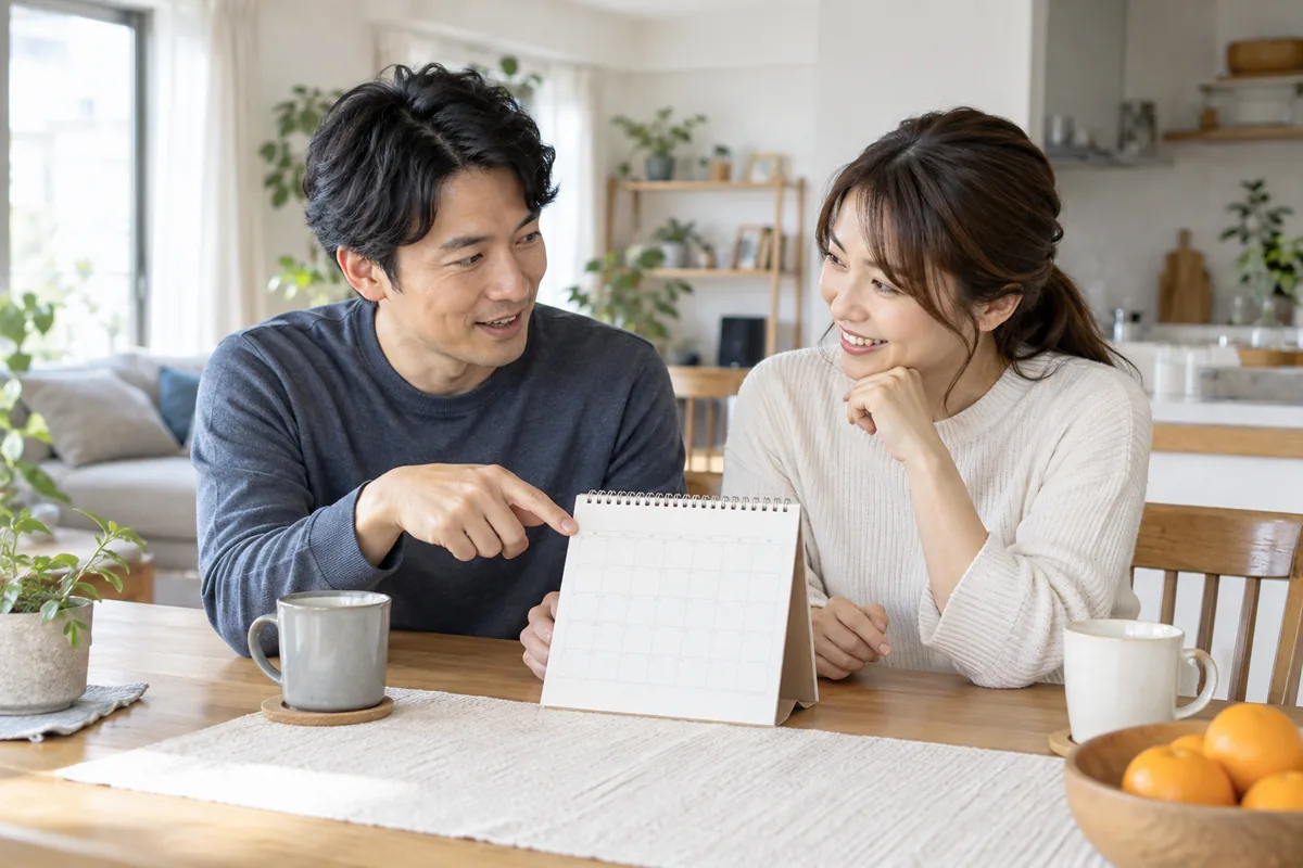 二人で休日の過ごし方を相談する大人の男女