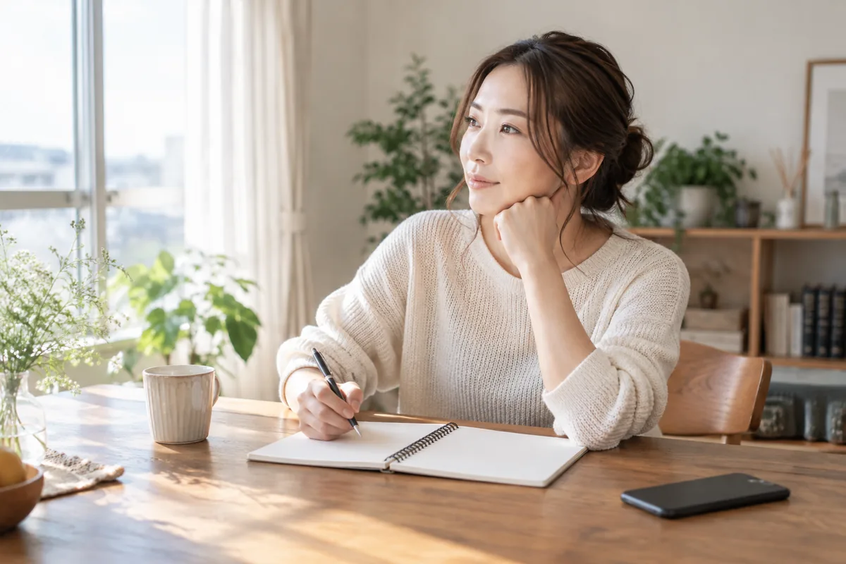 恋人とのうれしかった出来事をノートに整理する女性