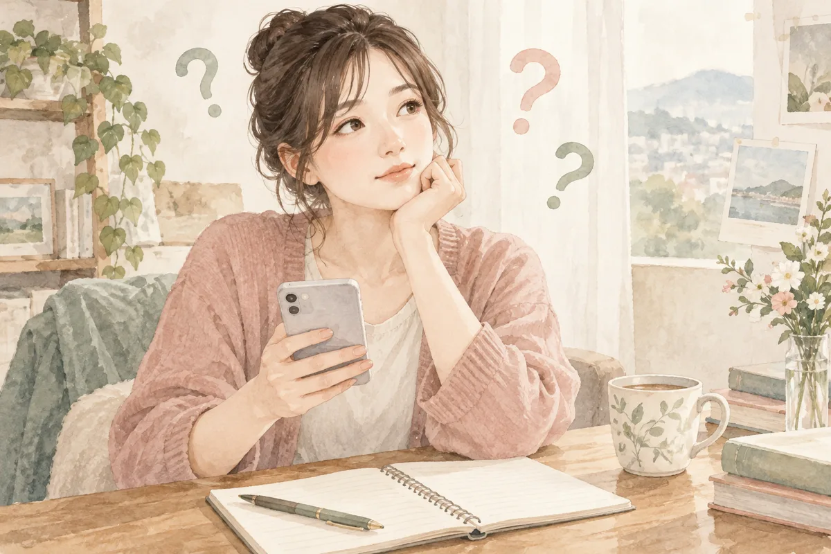 メッセージとノートを見ながら疑問を整理する女性