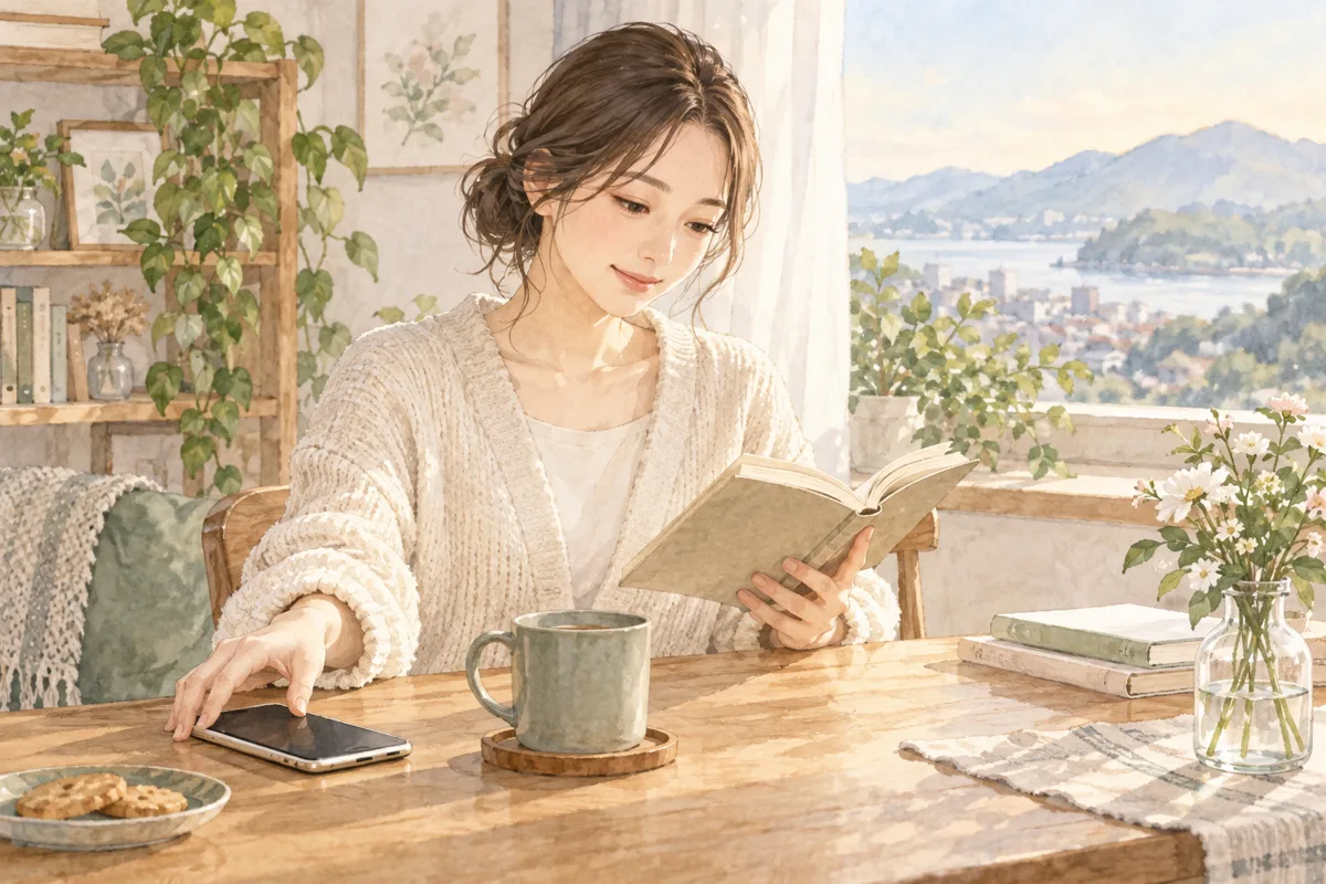 スマートフォンを置き読書を楽しむ女性