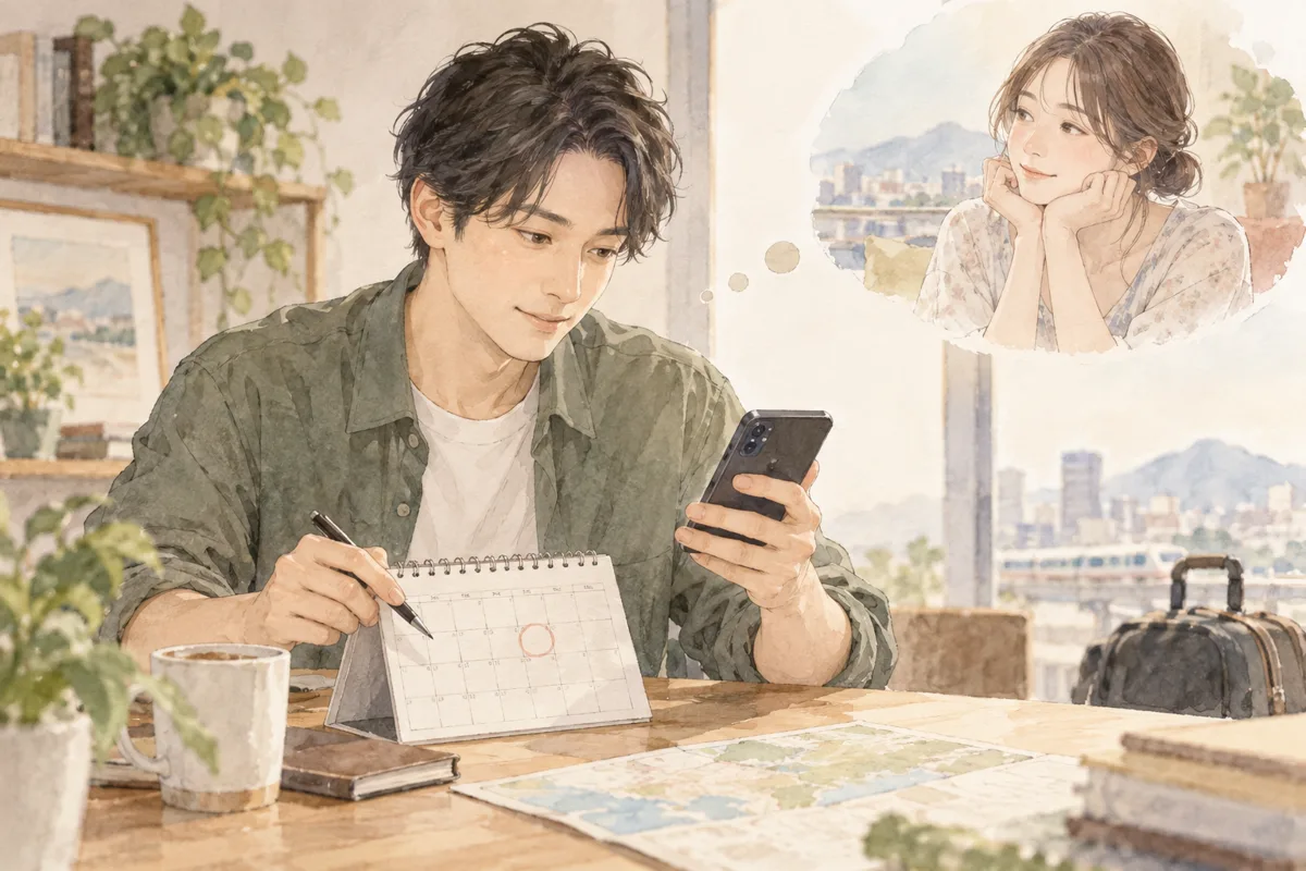 カレンダーとスマートフォンで会う予定を考える男性
