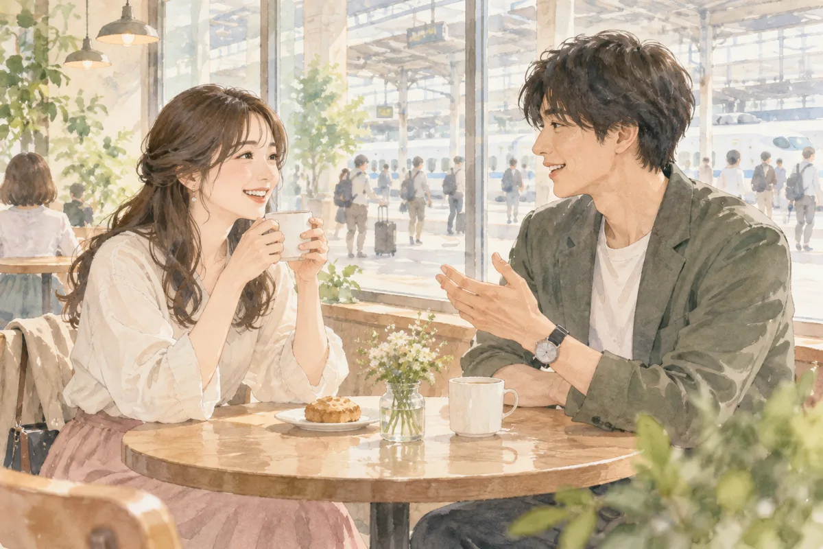 駅近くのカフェで穏やかに会話する男女