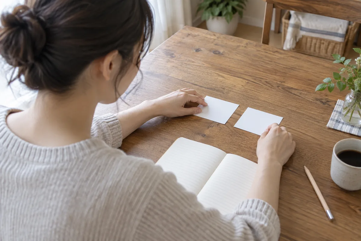 自分の希望と結婚の予定を別々のメモで整理する女性