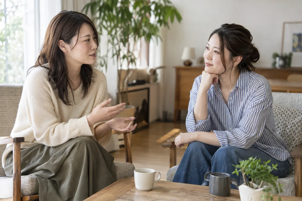 結婚の悩みを信頼できる友人に落ち着いて相談する女性