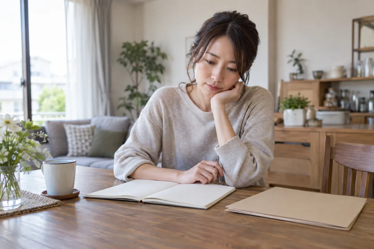 結婚の予定について自分の希望をノートで考える大人の女性