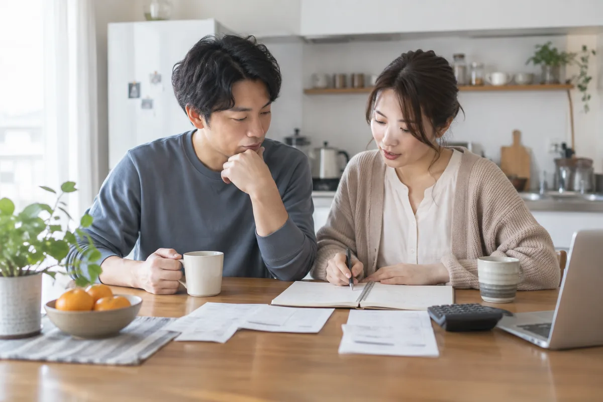 生活費や家事の分担をノートを見ながら話す大人の二人