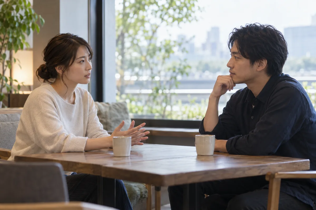 結婚の予定を急がず相談するために静かな席で向き合う二人