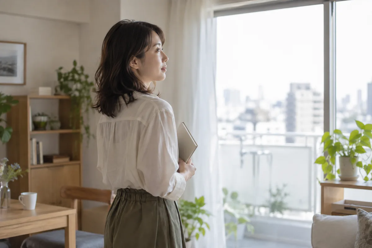自分の希望を書いたノートを持ち窓辺で一息つく女性