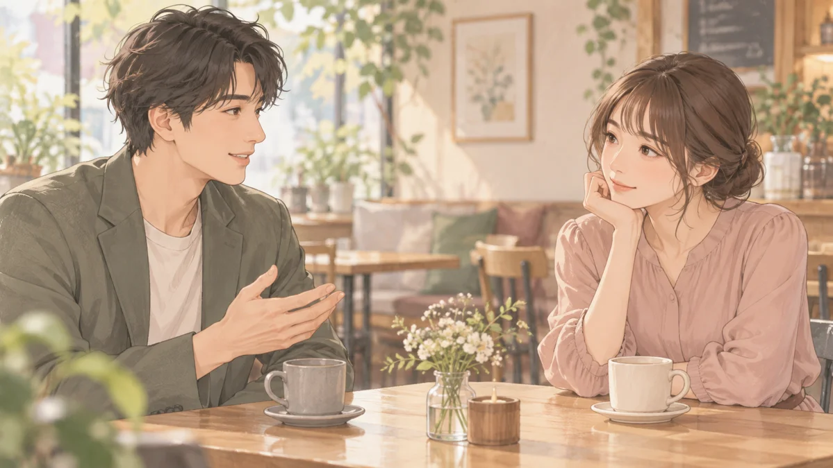 カフェで話す男性と、その言葉に耳を傾ける女性のイラスト