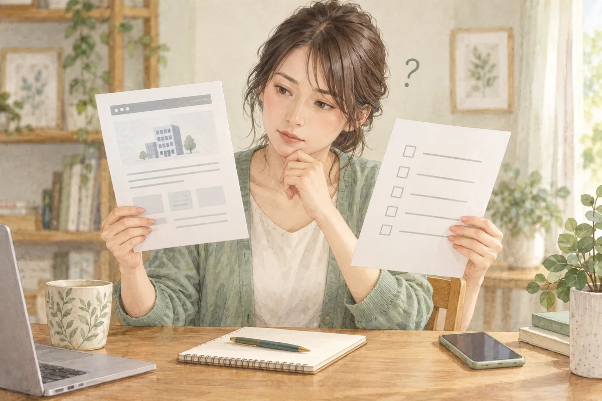 運営情報と利用条件を見比べて確認する女性のイメージ