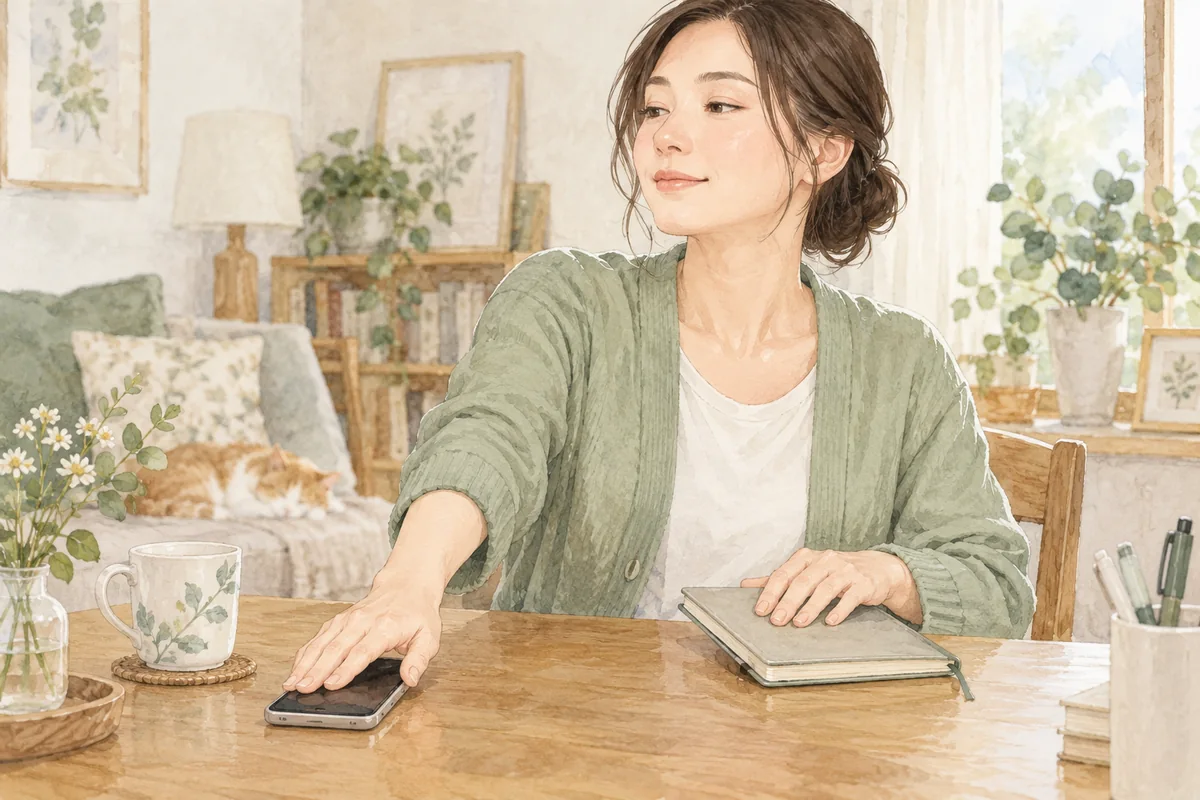 スマートフォンを置き、相談を区切る意思を示す女性のイメージ