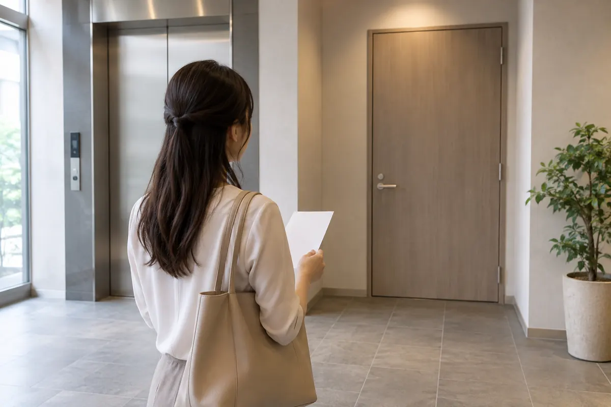 建物の入口で行き先のメモを確認する人のイメージ